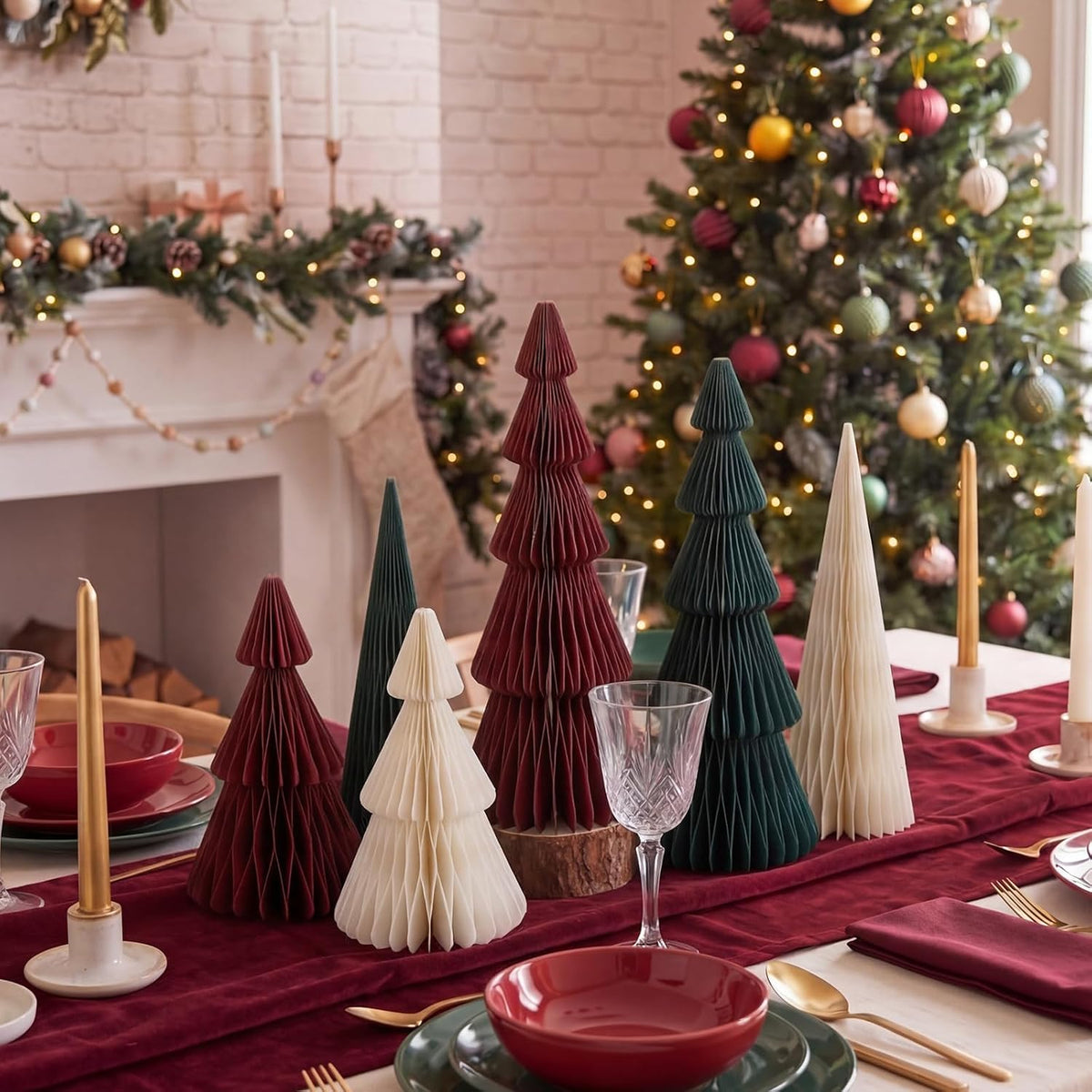Watersay 6 Pcs Red Green White Honeycomb Paper Christmas Trees Centerpiece