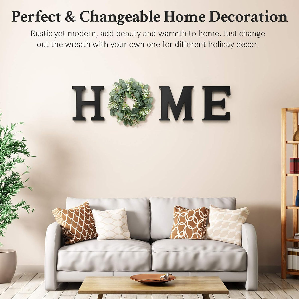Wooden Home Letters with Wreath Artificial Eucalyptus Modern Decorative Hanging Farmhouse Sign for Living Room & Kitchen - Housewarming & Couple Gifts - Christmas Decoration