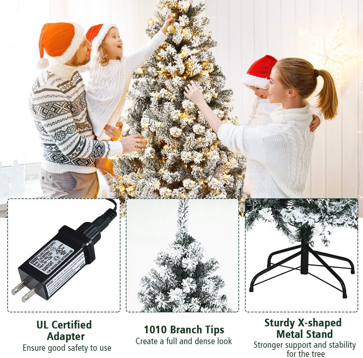 Nightcore 7.5FT Pre-Lit Artificial Christmas Tree, Snow Flocked Hinged Pine Tree w/with 1010 Branches Tips and 450 Warm LED Lights, Perfect Xmas Decoration for Indoor & Outdoor Home Office Party