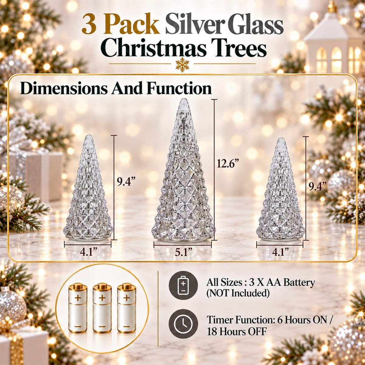 Christmas Decorations Indoor, YEAHOME Set of 3 Pre-lit Gold Glass Christmas Tree for Home Decor, Christmas Table Decorations Lighted Xmas Tree with Timer for Living Room Mantel Tabletop Party