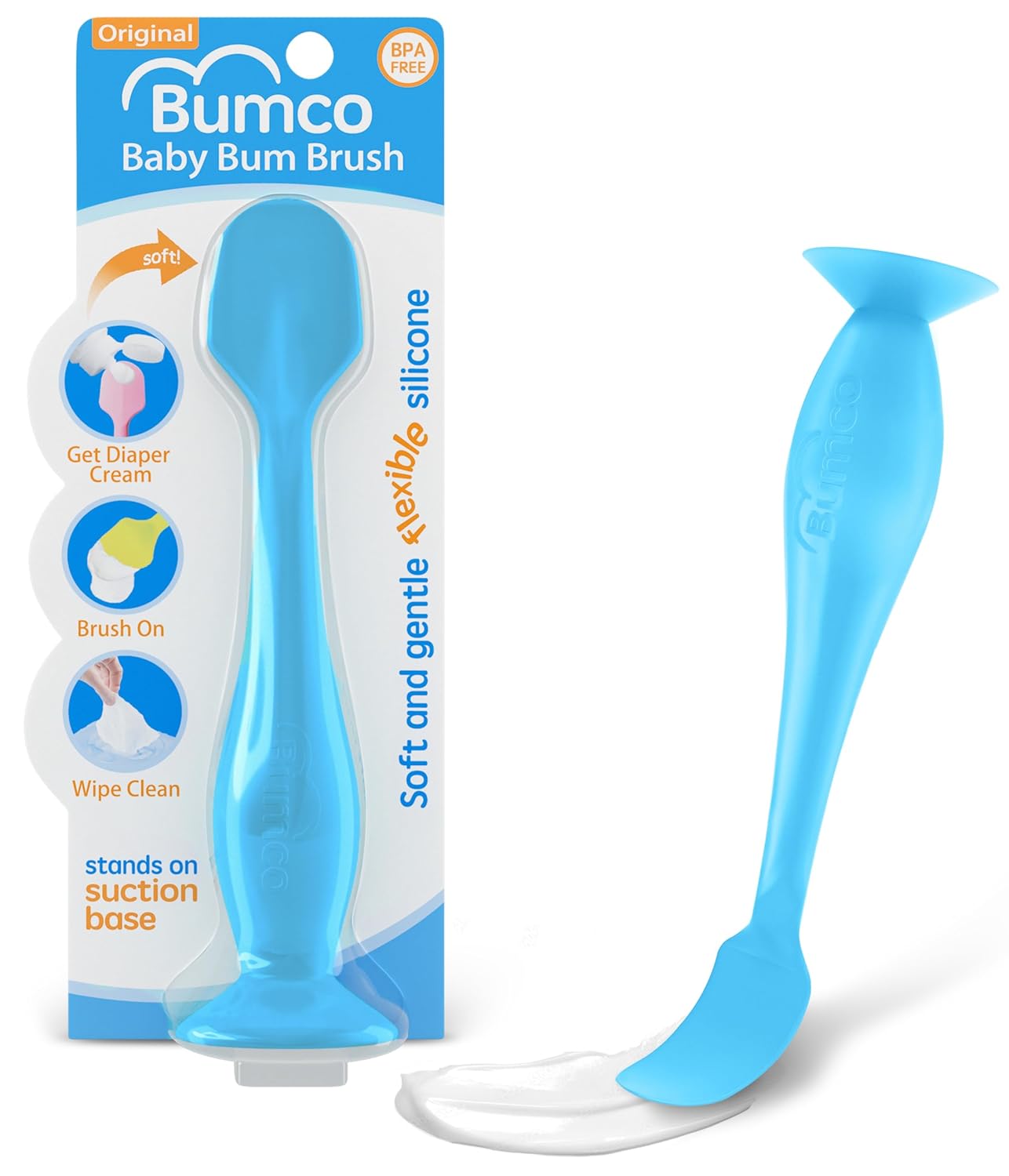Baby Bum Brush Silicone Diaper Cream Spatula BPA-Free Soft Flexible with Suction Cup Blue