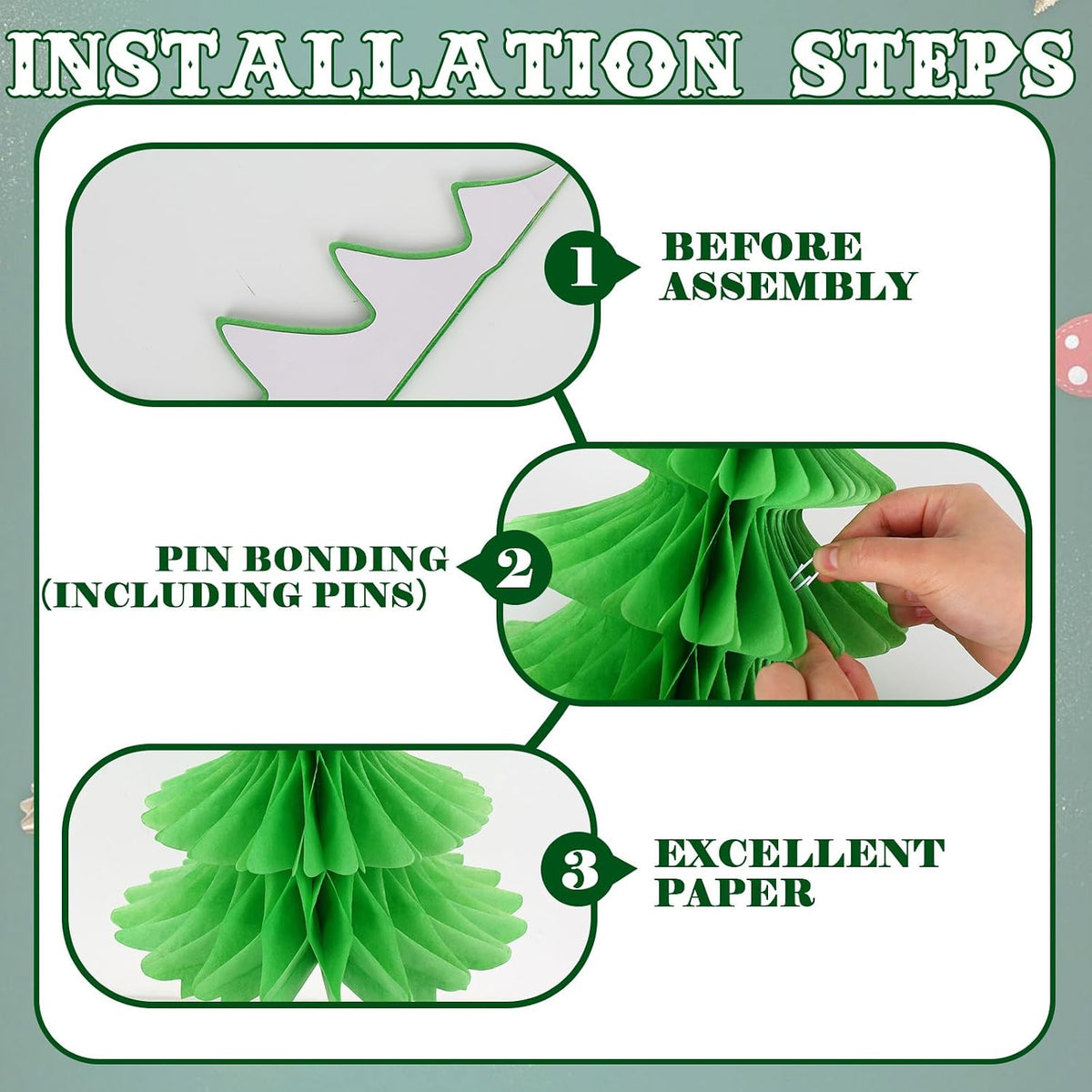 Whaline 6 Pack Christmas Honeycomb Paper Tree 3D Green Xmas Paper Trees Centerpiece Ceiling Hanging Tissue Pine Tree Star for Holiday Decoration, 3 Sizes