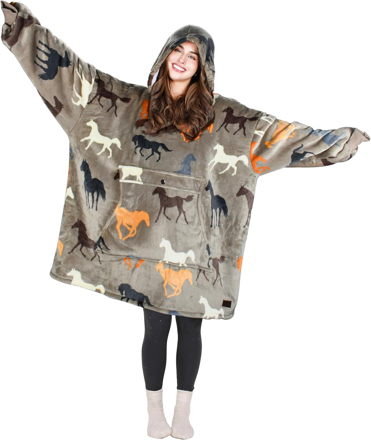 Tirrinia Wearable Blanket Oversized Hoodie for Adults, Horse Print Gift Sherpa Sweatshirt, as Christmas Gifts for Family & Friend. One Size Fits All