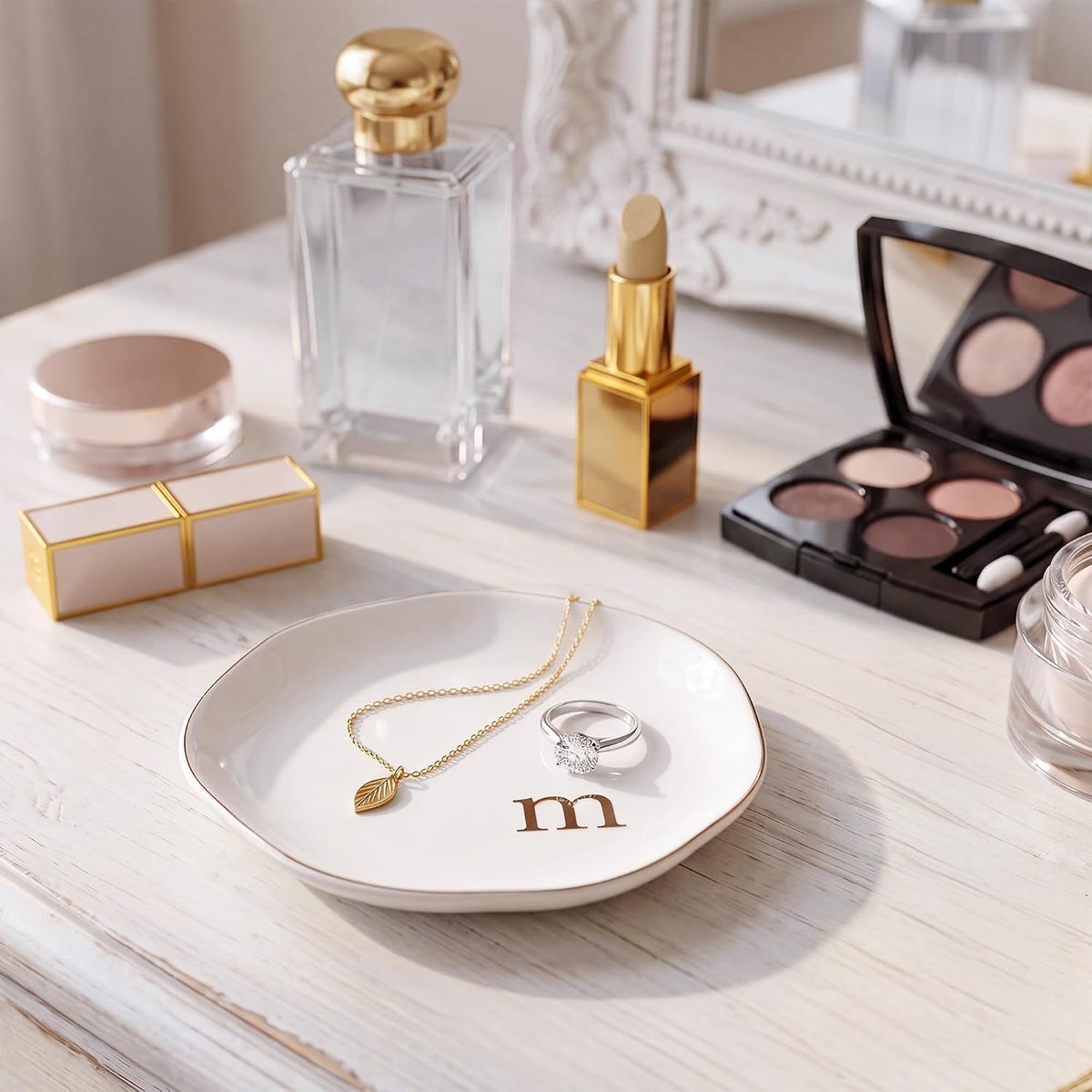 Ceramic Jewelry Tray, White Initial M Personalized Jewelry Dish