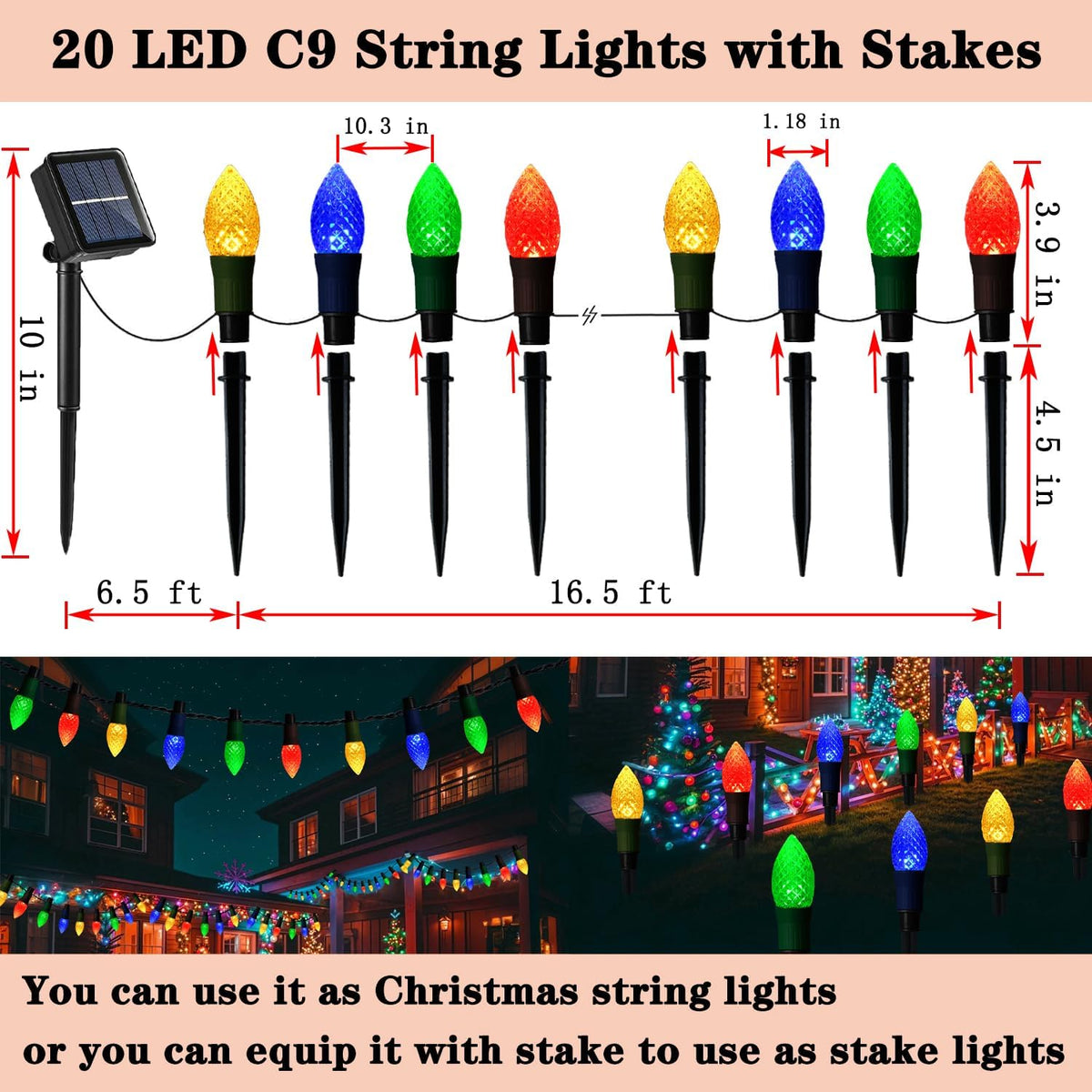Solar Christmas Pathway Lights, 20 LED C9 String Lights with 20 Stakes, 23FT Solar Powered Multicolored Decorations for Roof, Yard, Patio, Walkway, Driveway
