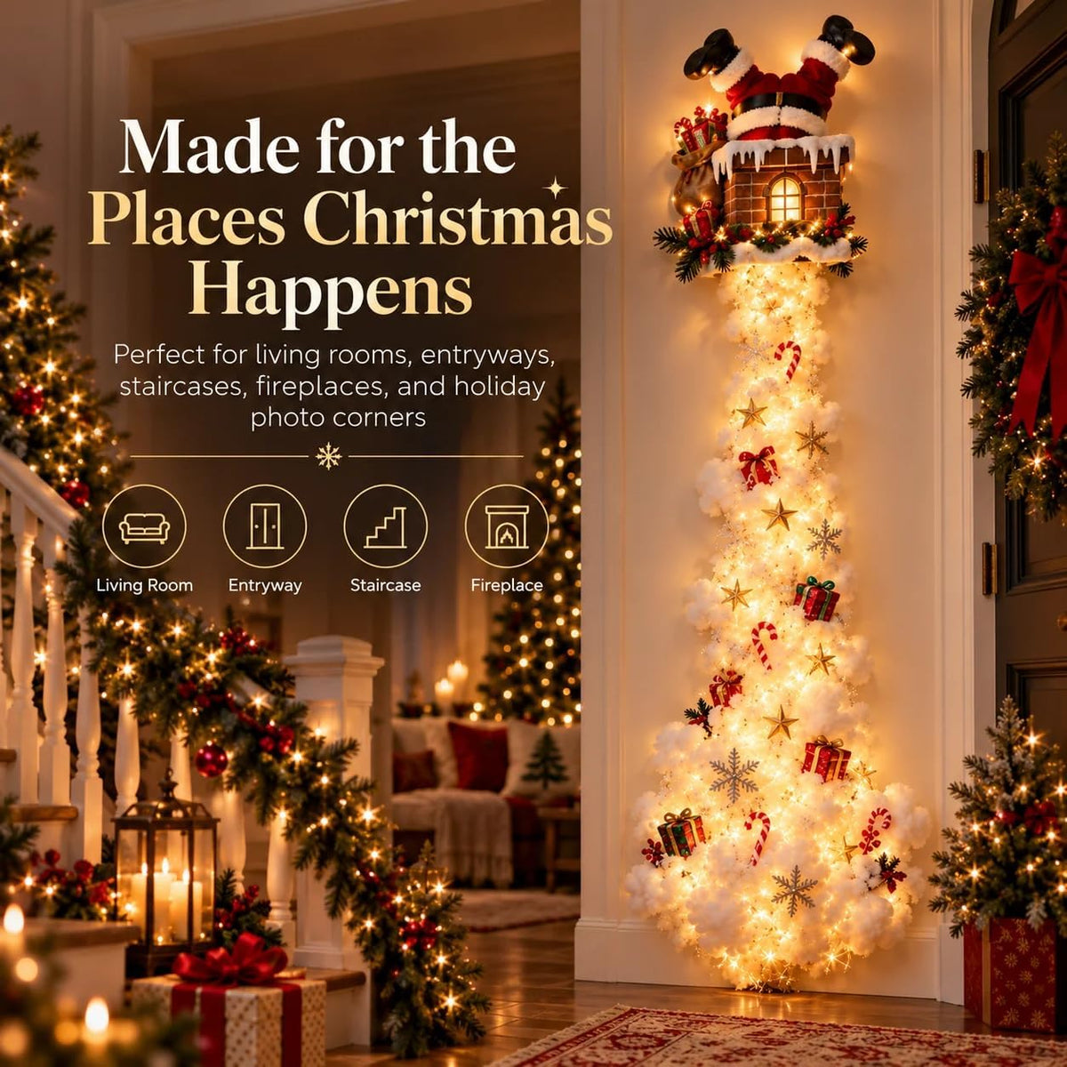 Christmas Magic Trail Wall Light -3D LED Glowing Christmas Scene Wall Decoration, Santa Sleigh Reindeer Hanging Decoration Indoor Holiday Decor for Living Room, Festive Xmas Giftï¼ŒTrain