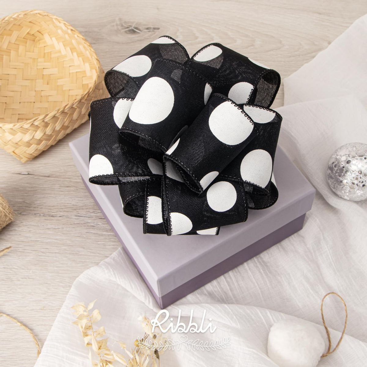Ribbli Black and White Giant Polka Dot Wired Ribbon, 2-1/2 Inch x 10 Yard, Dots Burlap Ribbon for Craft, Wreath,Christmas Tree Decoration, Outdoor Decoration