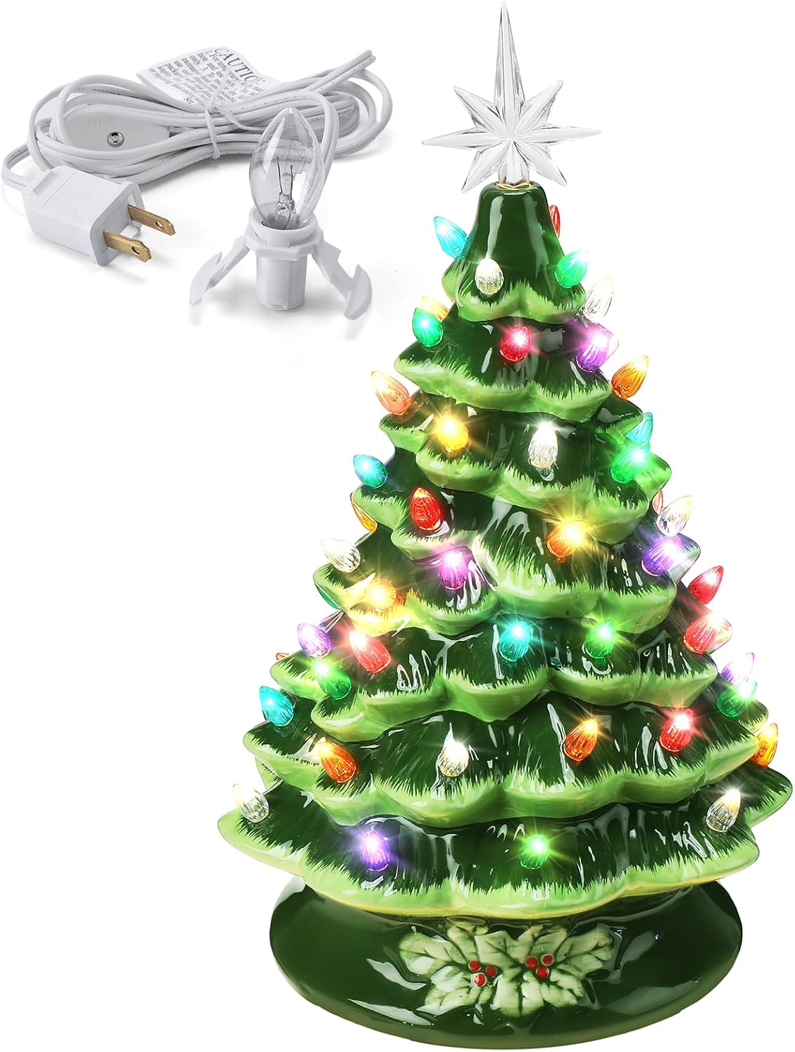 Ganeen 15 Inch Ceramic Christmas Tree with 66 Multicolored Lights Hand Painted Tabletop Christmas Tree Vintage Xmas Decorations for Table Desk Countertop Mantel Home Office(Green)