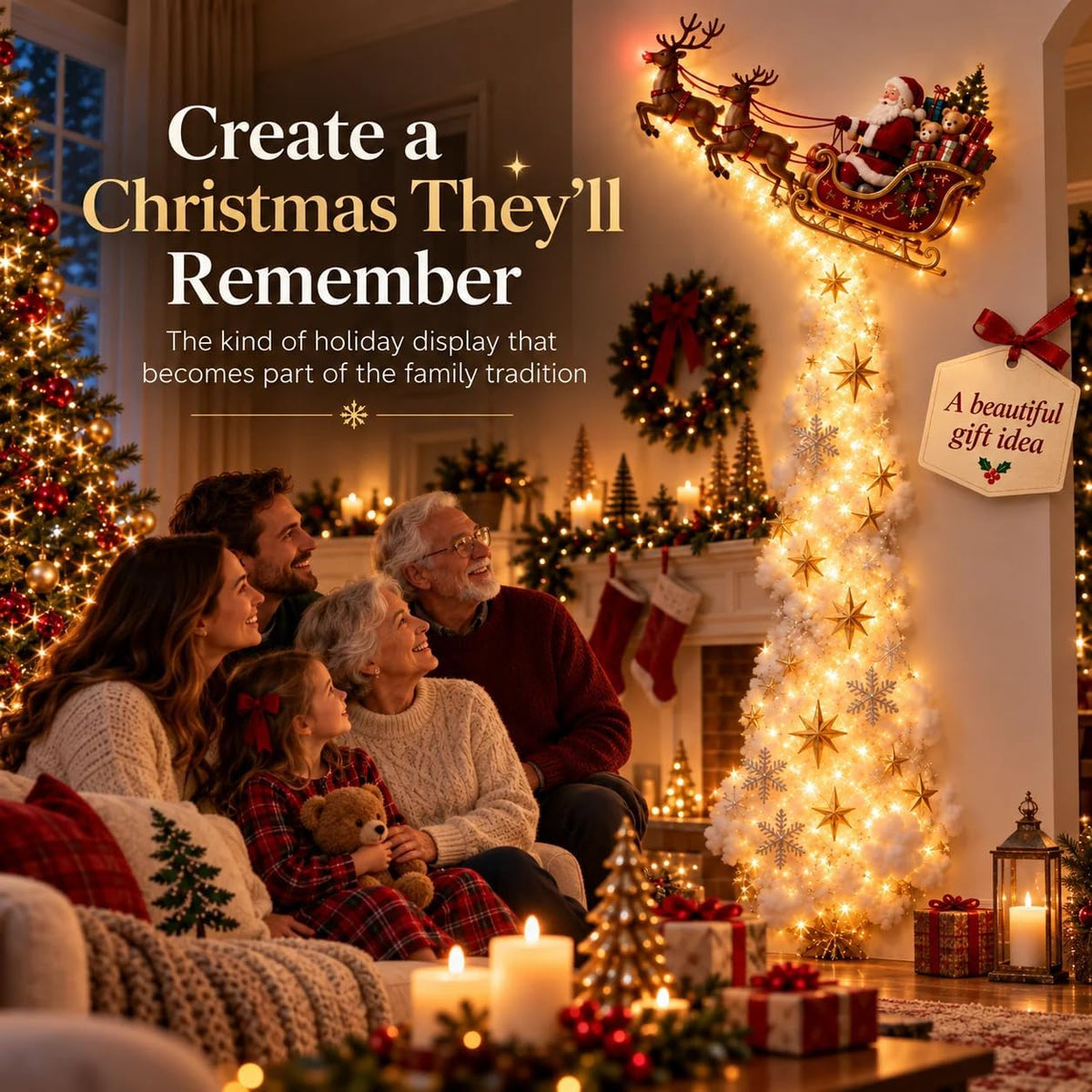 Christmas Magic Trail Wall Light -3D LED Glowing Christmas Scene Wall Decoration, Santa Sleigh Reindeer Hanging Decoration Indoor Holiday Decor for Living Room, Festive Xmas Giftï¼ŒTrain