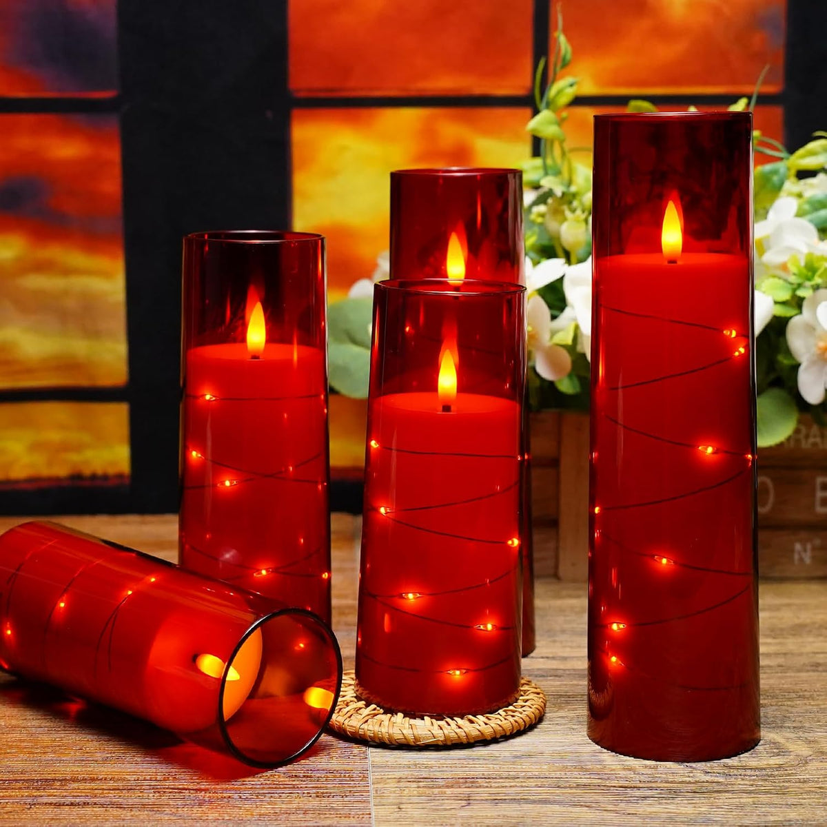 kakoya Flameless LED Candles with Timer 5 Pc Flickering Flameless Candles for Romantic Ambiance and Home Decoration Stable Acrylic Shell,with Embedded Star Stringï¼ŒBattery Operated Candlesï¼ˆRedï¼‰