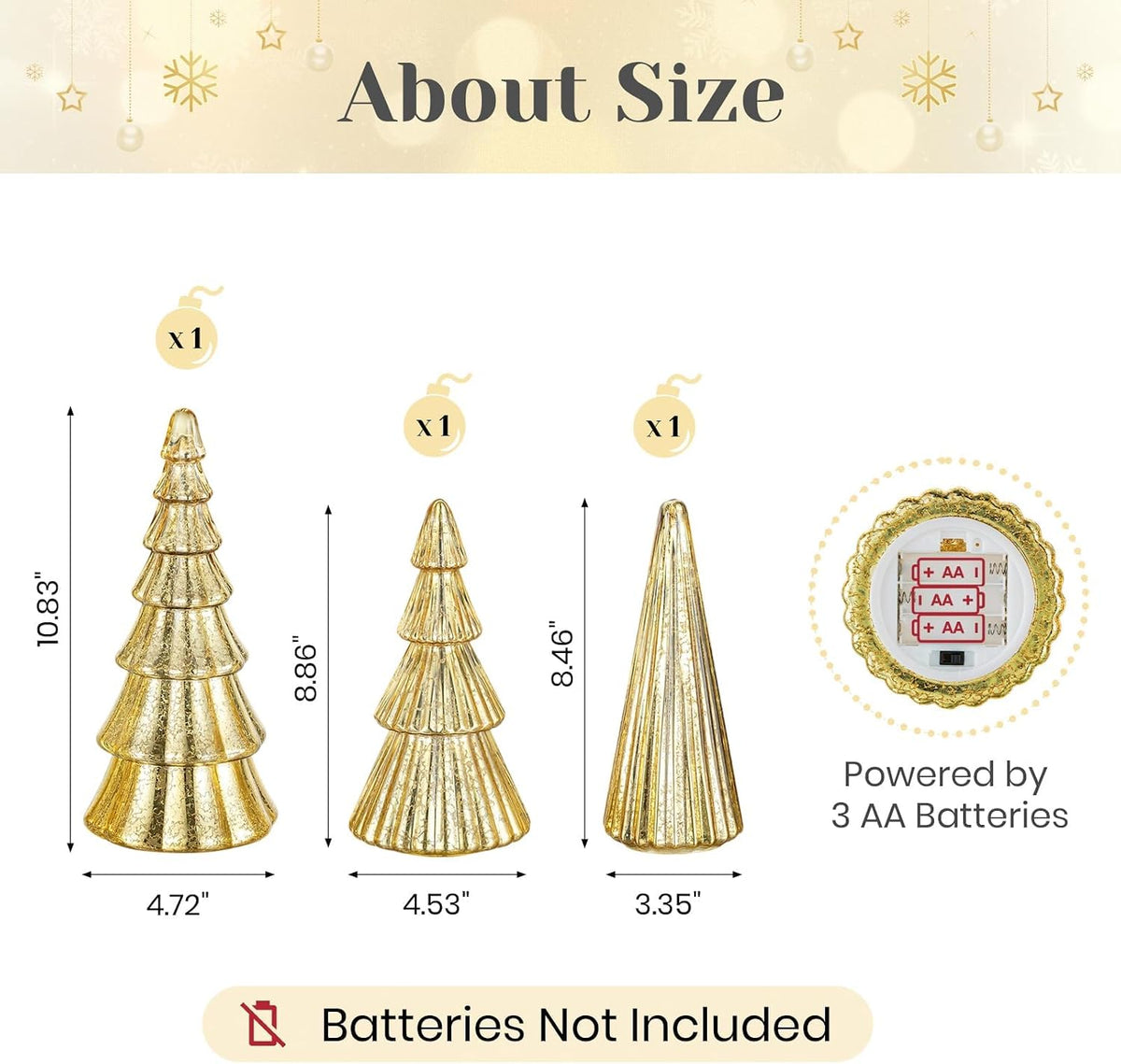 Hewory Mercury Glass Christmas Tree: 3 Pcs Gold Table Decor with LED Lights