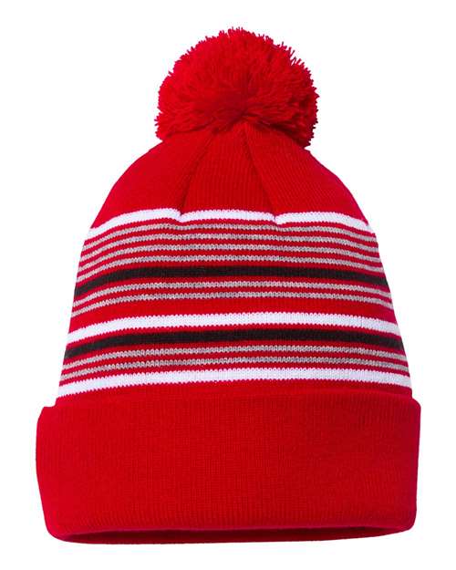 12" Striped Pom-Pom Cuffed Beanie by USA Decoration | Acrylic Knit Hat with Solid Cuff & Fun Pom