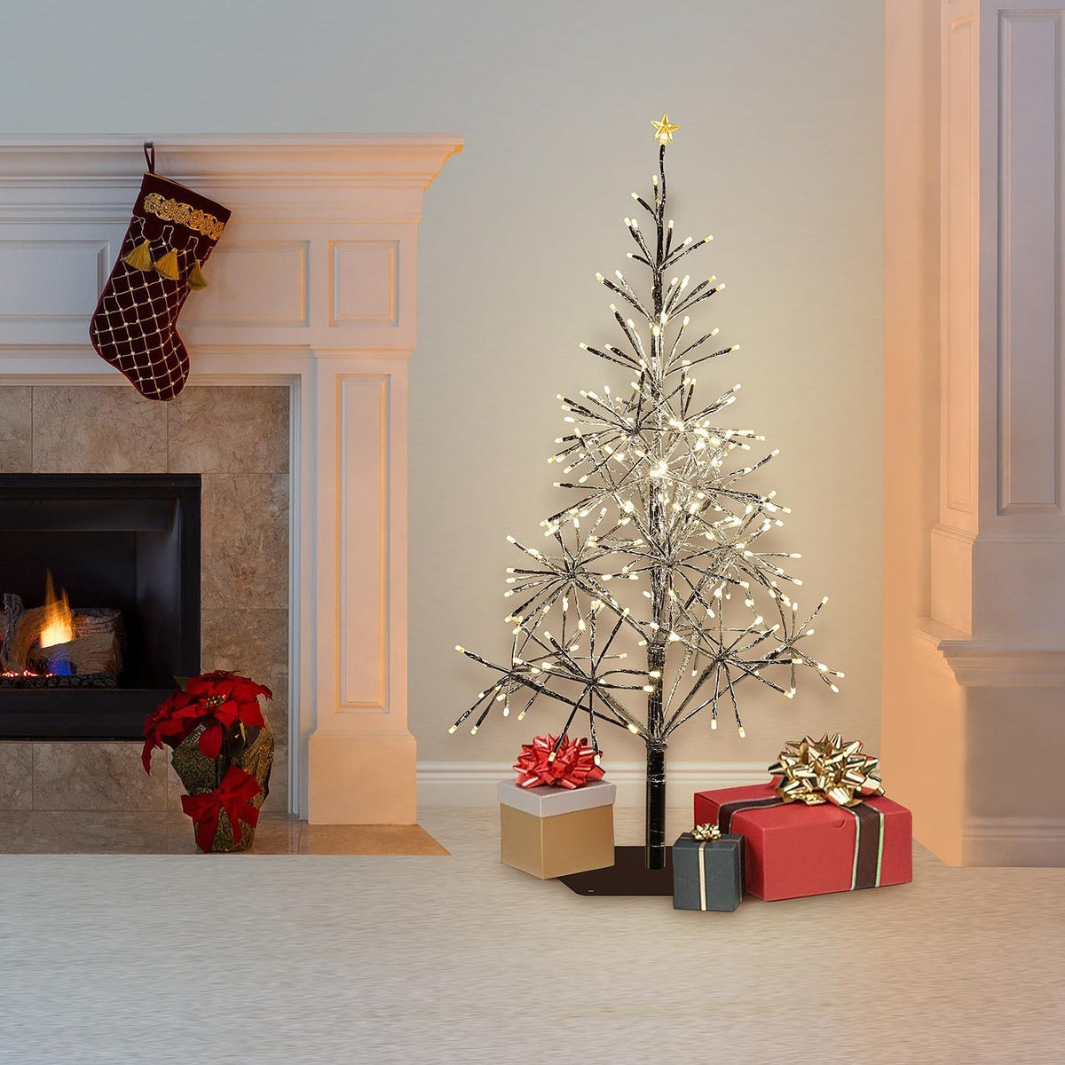 Alpine Corporation 53" Tall Artificial Christmas Tree with 380 Warm White LED Lights, Indoor/Outdoor Holiday Decoration with Flashing Lights for Porch or Lawn, Silver