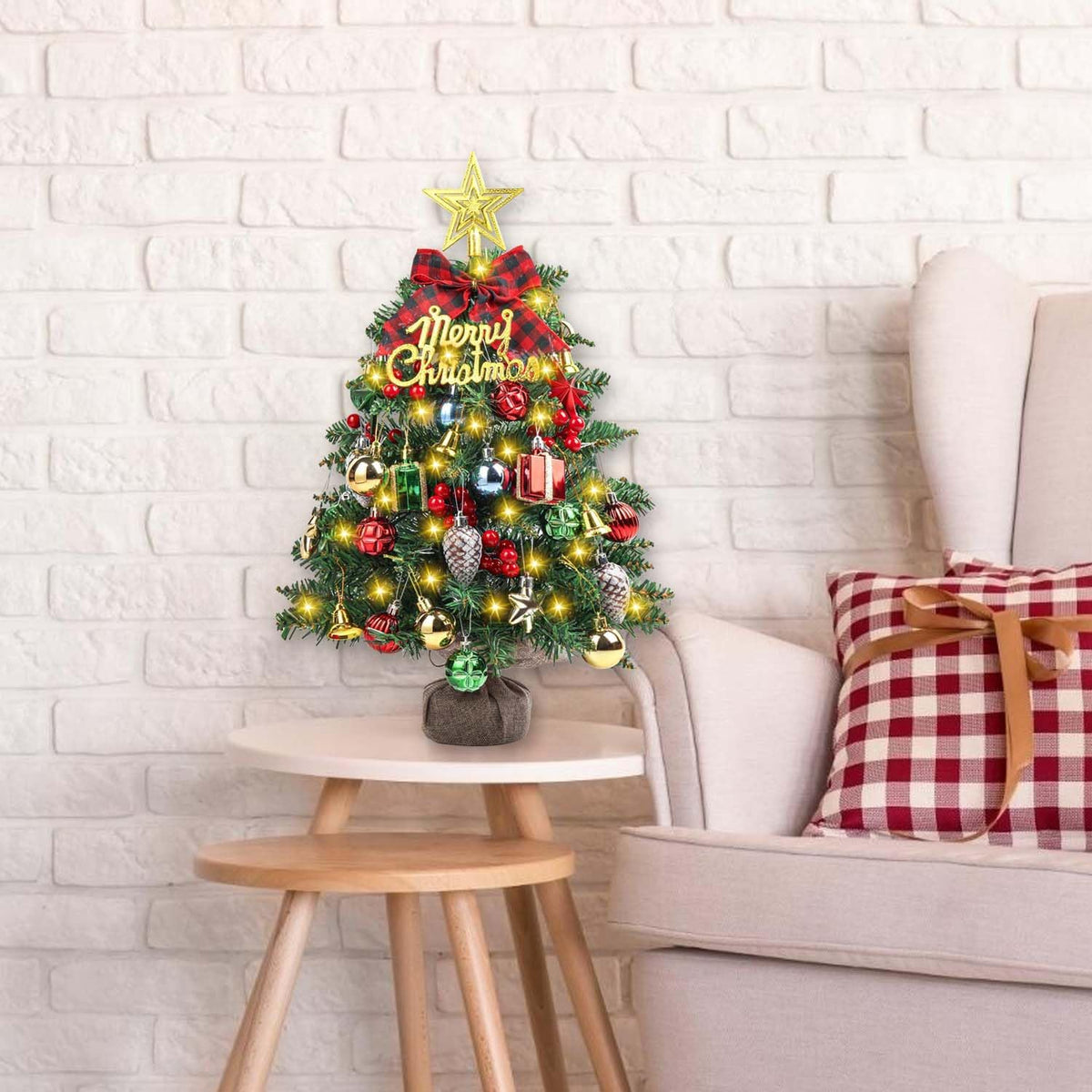 SVNVIOZ 2FT Small Tabletop Mini Artificial Christmas Tree with Lights, Red Green Ornaments - Xmas Tree for Holiday Home Decoration