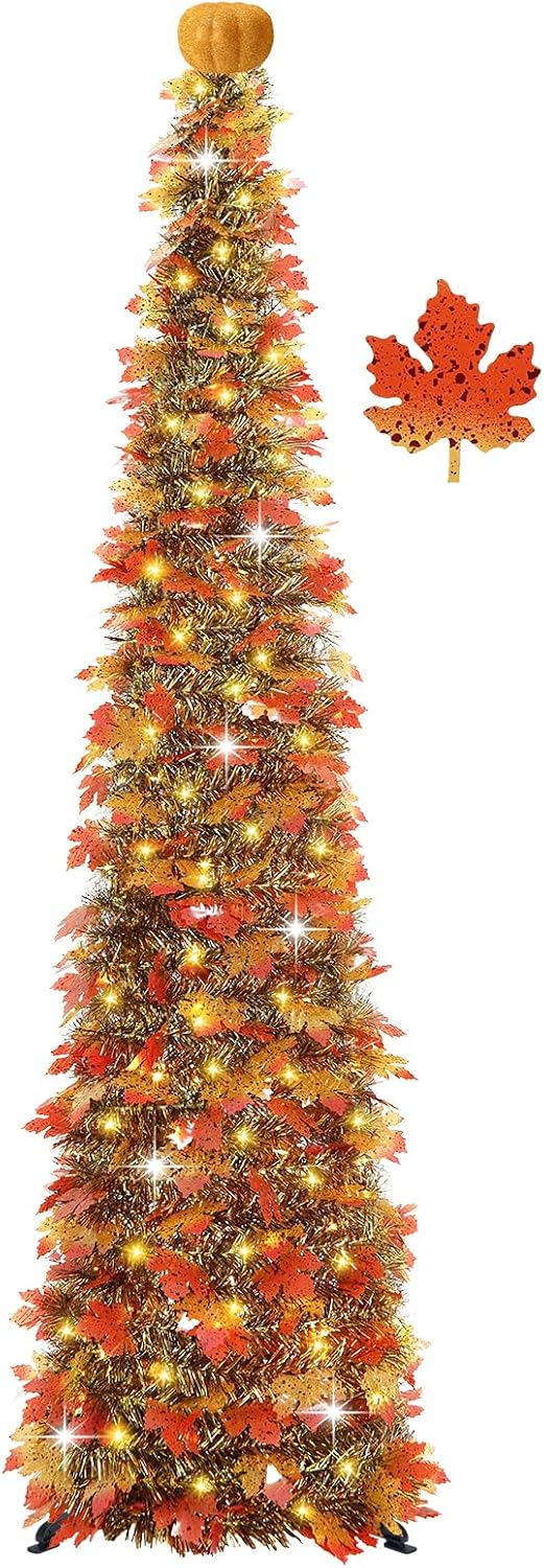 6 FT Pop Up Fall Tree with 100 LED Timer Lights & Pumpkin, Collapsible Maple Leaves Tinsel Thanksgiving Tree for Home Office Apartment Porch Autumn Christmas Holiday Decoration