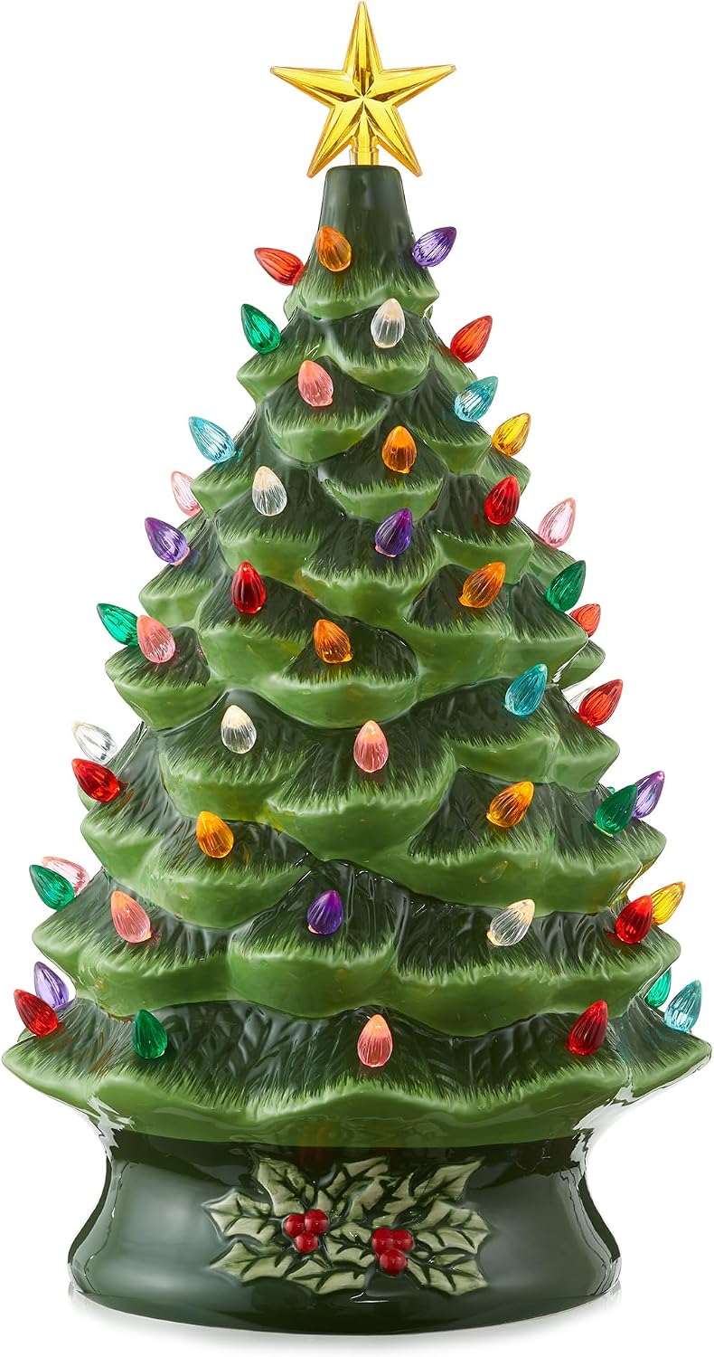 Casafield Hand Painted Ceramic Christmas Tree, Green 24-Inch Pre-Lit Tree with 148 Multi Color Lights and 2 Star Toppers