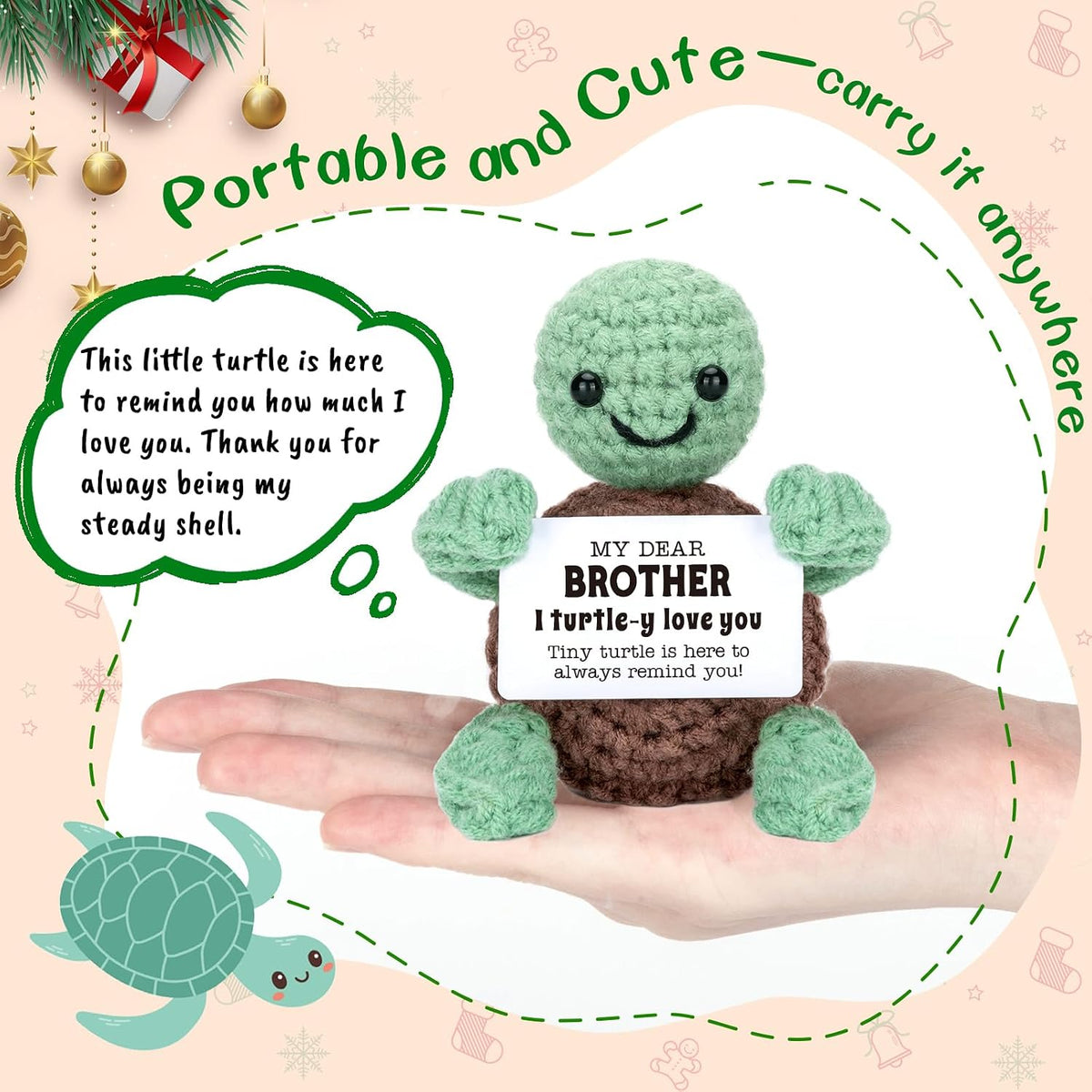 Mini Funny Turtle Brother Gifts from Sister Brother, Christmas Birthday Gifts for Men Friends Presents, I Love You Small Cool Cute Stuff Things, Handmade Emotional Positive Crochet Turtle