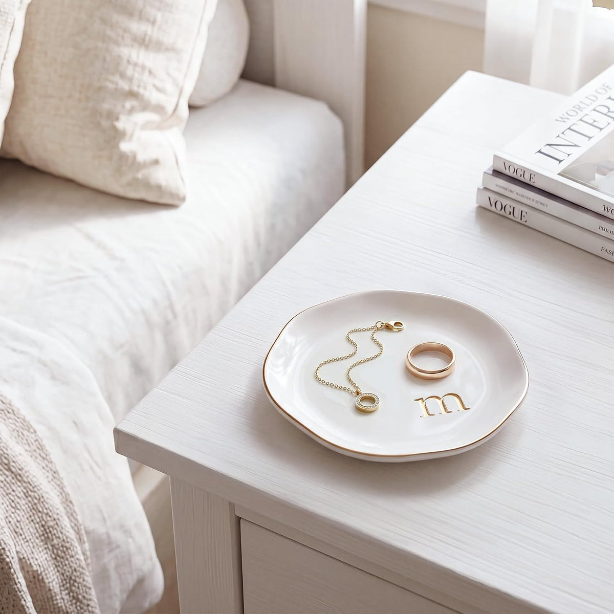 Ceramic Jewelry Tray, White Initial M Personalized Jewelry Dish