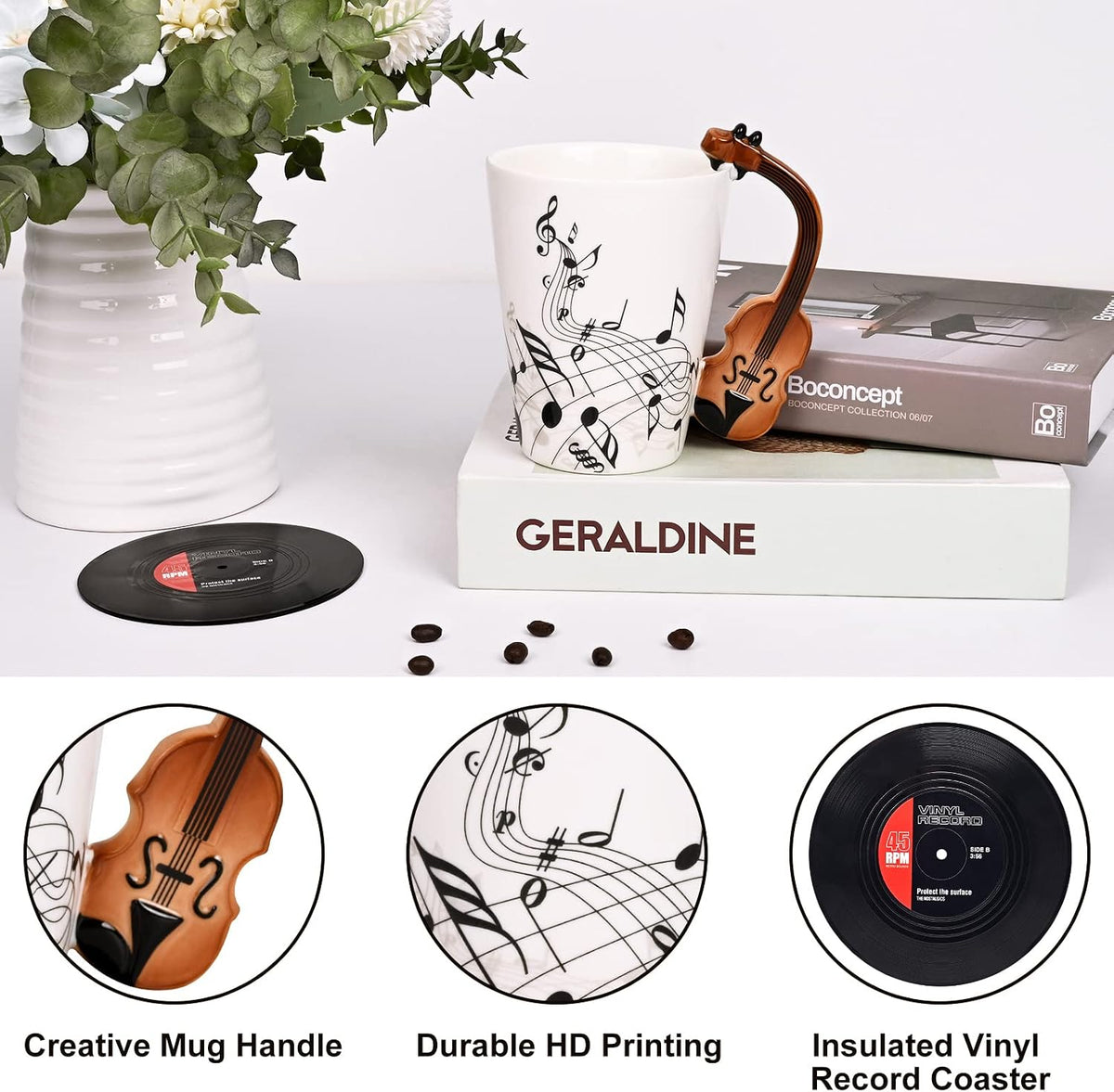 Maustic Novelty Violin Mug - 13 Oz Ceramic with Vinyl Record Coaster, Perfect for Music Lovers, Musicians, and Violinists - Ideal for Christmas or Birthday Gifts