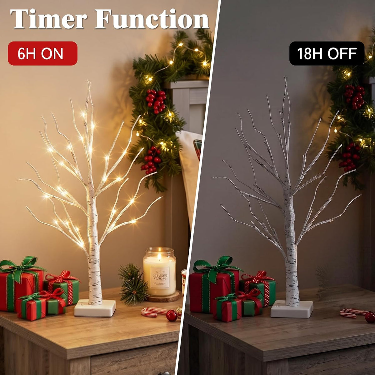 PEIDUO Christmas Decorations for The Home, 2FT BirchTree with LED Lights, Warm White Tree Lamp, Fairy Light Spirit Tree for Room Inside Fireplace Home Decor, Battery Powered, Timer (4PK)