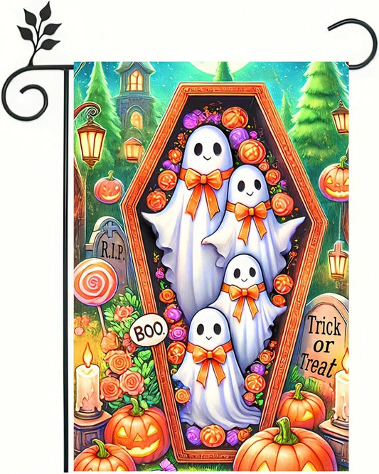 12×18 in Double-Sided Halloween Garden Flag Ghost, Pumpkin & Day-of-Dead Trick or Treat Decor | USA Decoration®