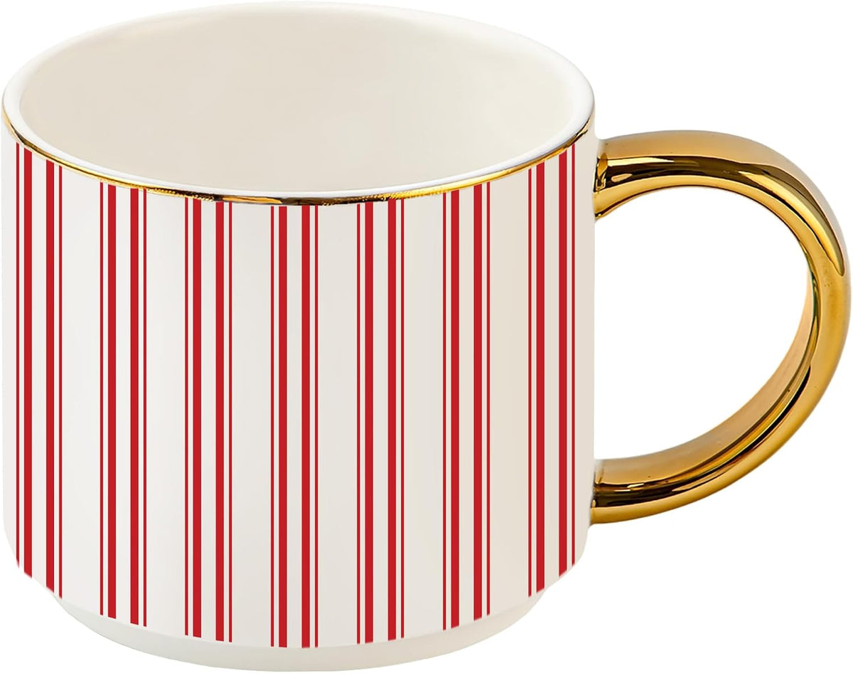 Sweet Water Decor Red Stripe Coffee Mug, 14oz China Christmas Mug with Gold Handle, Large Holiday Winter Cup for Coffee, Tea & Hot Chocolate, Stocking Stuffer Gifts for Women