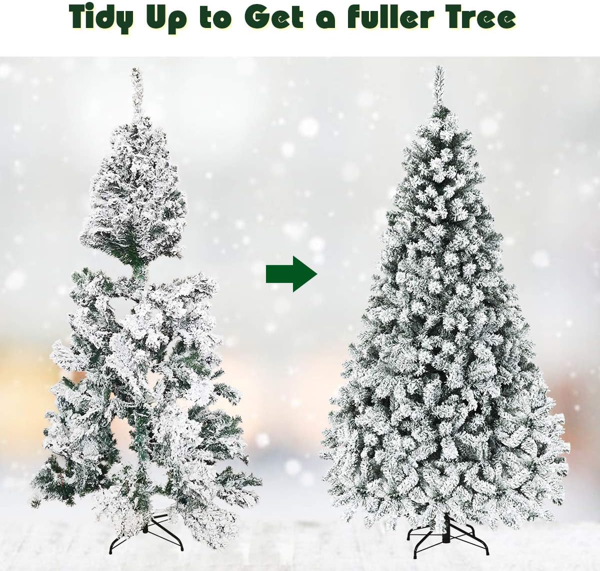 Nightcore 7.5FT Pre-Lit Artificial Christmas Tree, Snow Flocked Hinged Pine Tree w/with 1010 Branches Tips and 450 Warm LED Lights, Perfect Xmas Decoration for Indoor & Outdoor Home Office Party