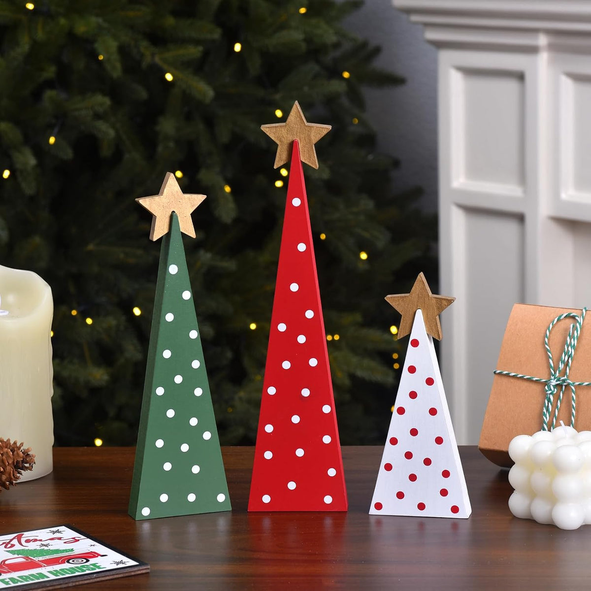 Wooden Christmas Tree Table Decor, 3PCs Rustic Wood Xmas Trees with Detachable Stars, Christmas Decorations Tabletop Shelf, Tiered Tray Centerpieces for Holiday Home Decor (Gold Star)