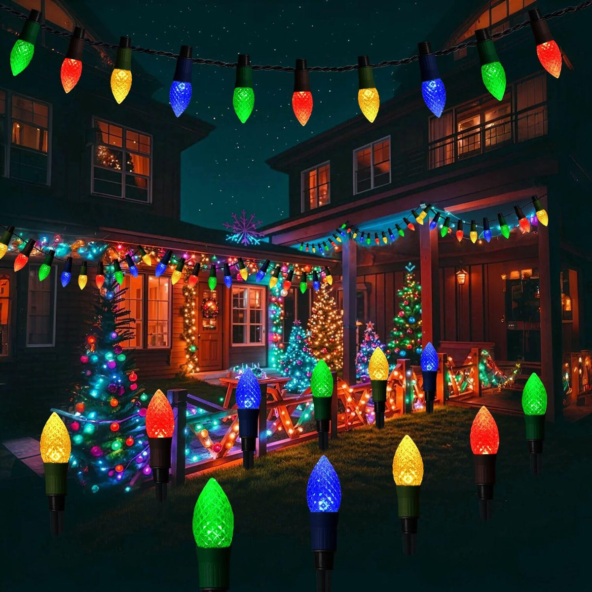 Solar Christmas Pathway Lights, 20 LED C9 String Lights with 20 Stakes, 23FT Solar Powered Multicolored Decorations for Roof, Yard, Patio, Walkway, Driveway