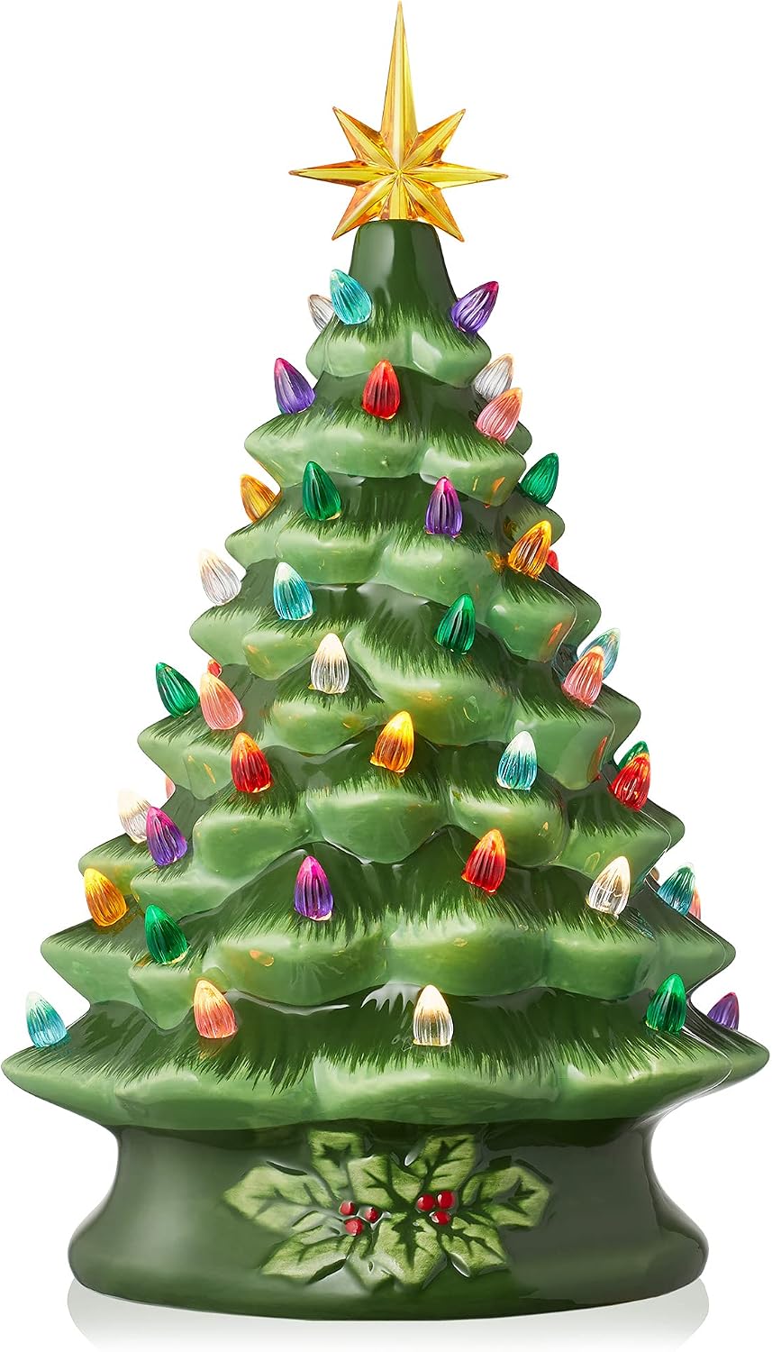 Casafield Hand Painted Ceramic Christmas Tree, Green 15-Inch Pre-Lit Tree with 128 Multi Color Lights and 2 Star Toppers