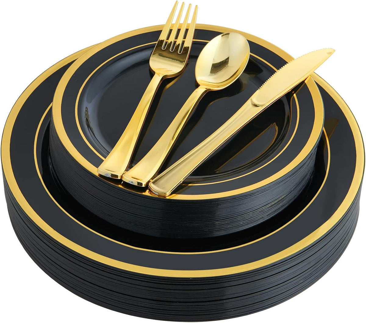 125 PCS Plastic Plates Set Gold Disposable Dinnerware Set for 25 Guests