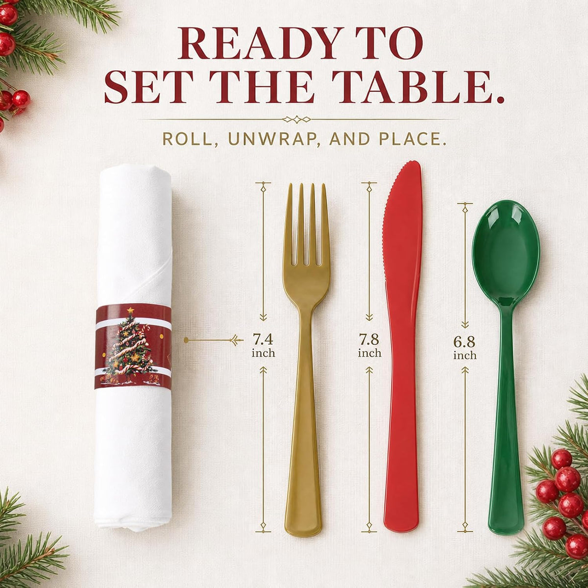 Liacere 100Pack Pre Rolled Silverware and Napkin - Wrapped Plastic Cutlery Set with Napkin:100 Gold Forks,100 Red Knives,100 Green Spoons,100 Napkins for Christmas