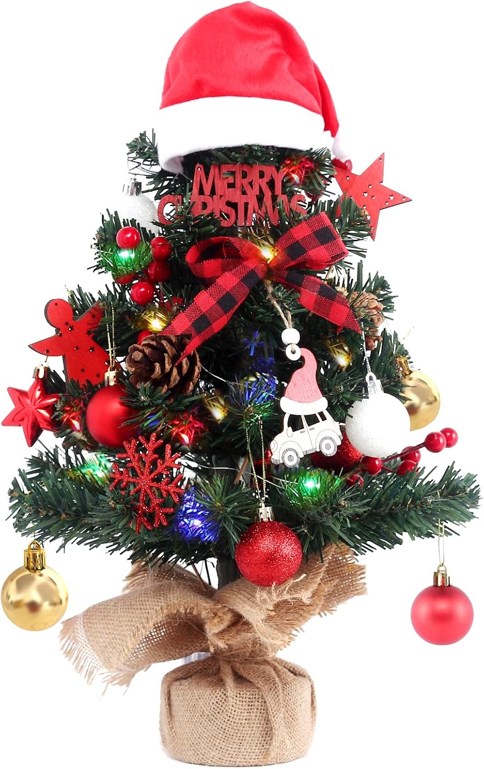 BSTCRAFT Mini Christmas Tree, 22 inches, Green, Artificial Tree with Lights, Santa Christmas Hat, Mini Christmas Ornaments for Tabletop Decorations