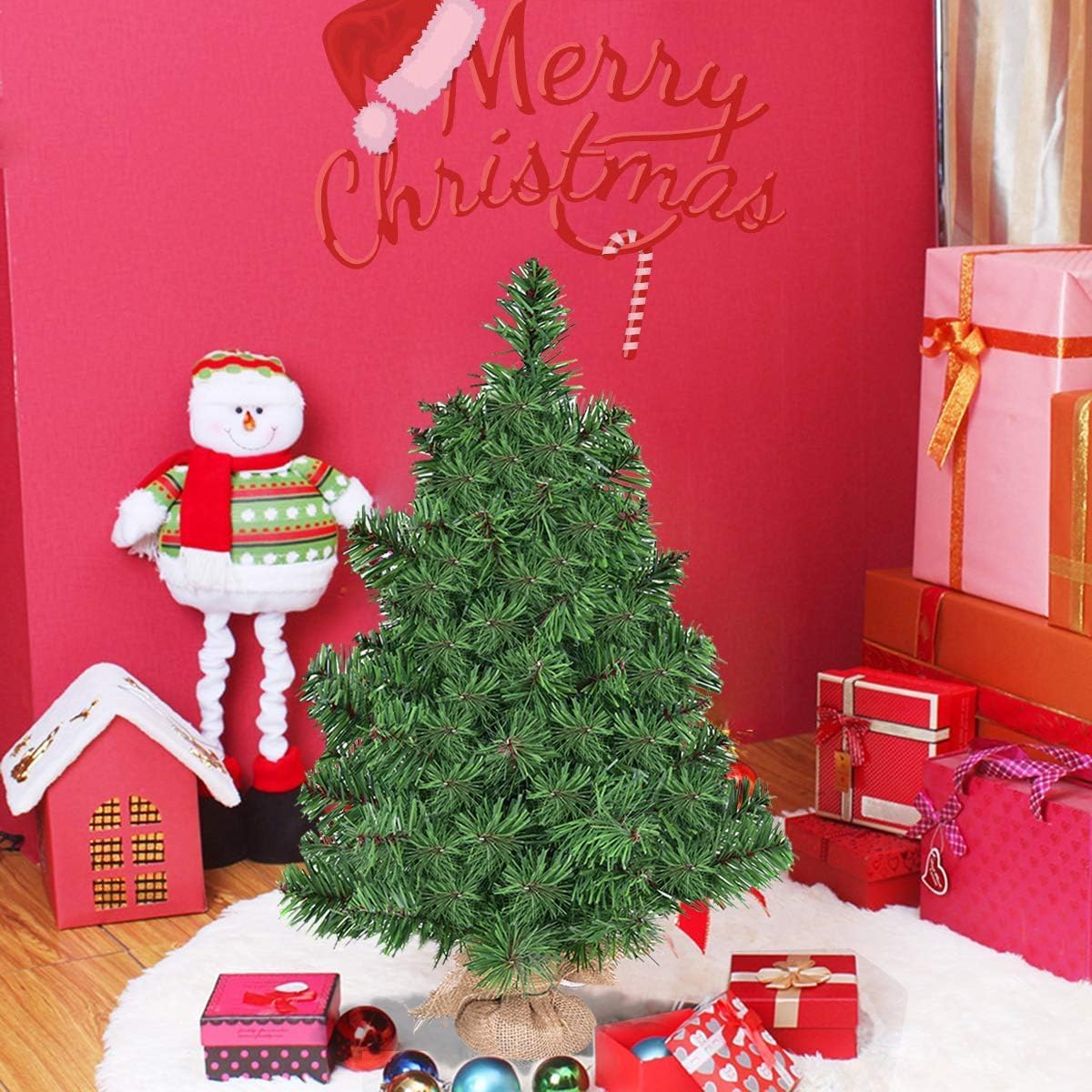 2FT Artificial Tabletop Christmas Tree, Premium Spruce Christmas Tree with Burlap Base, Suitable for Kitchen, Table and Office, Green (2FT)