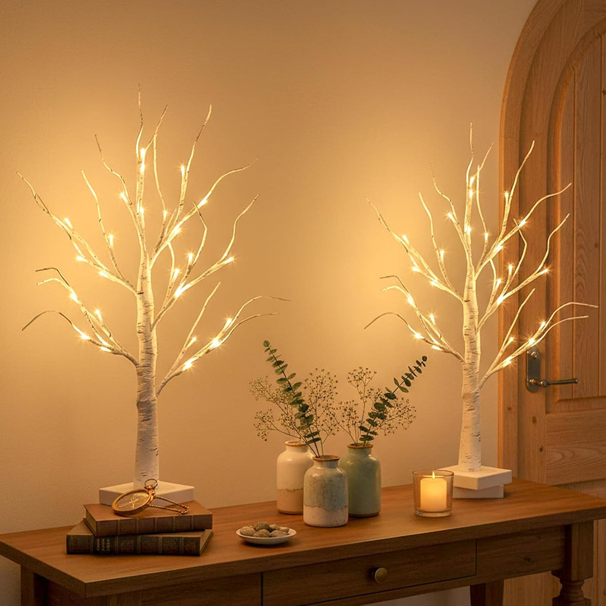 EAMBRITE Christmas Decorations Indoor Lighted Birch Tree Home Decor, 2Pack 24 LED Light Up Tabletop Mini Small Artificial White Trees Lamp with Lights Battery Operated/USB for Table Mantel (2FT)