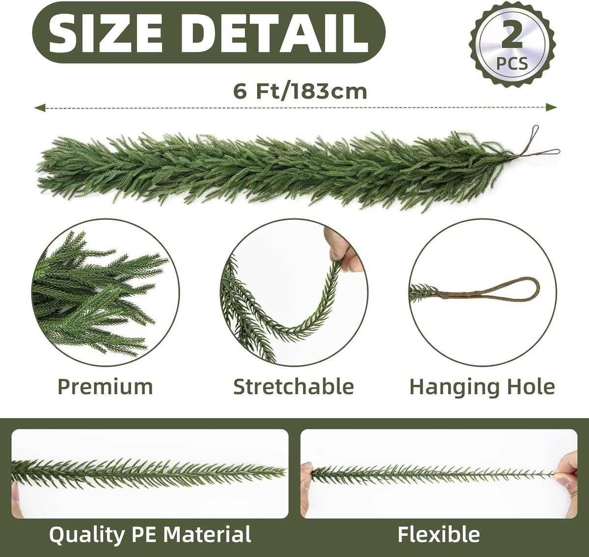 CLEANGOR 2Pcs 6FT Norfolk Pine Garlands for Christmas Decorations Indoor