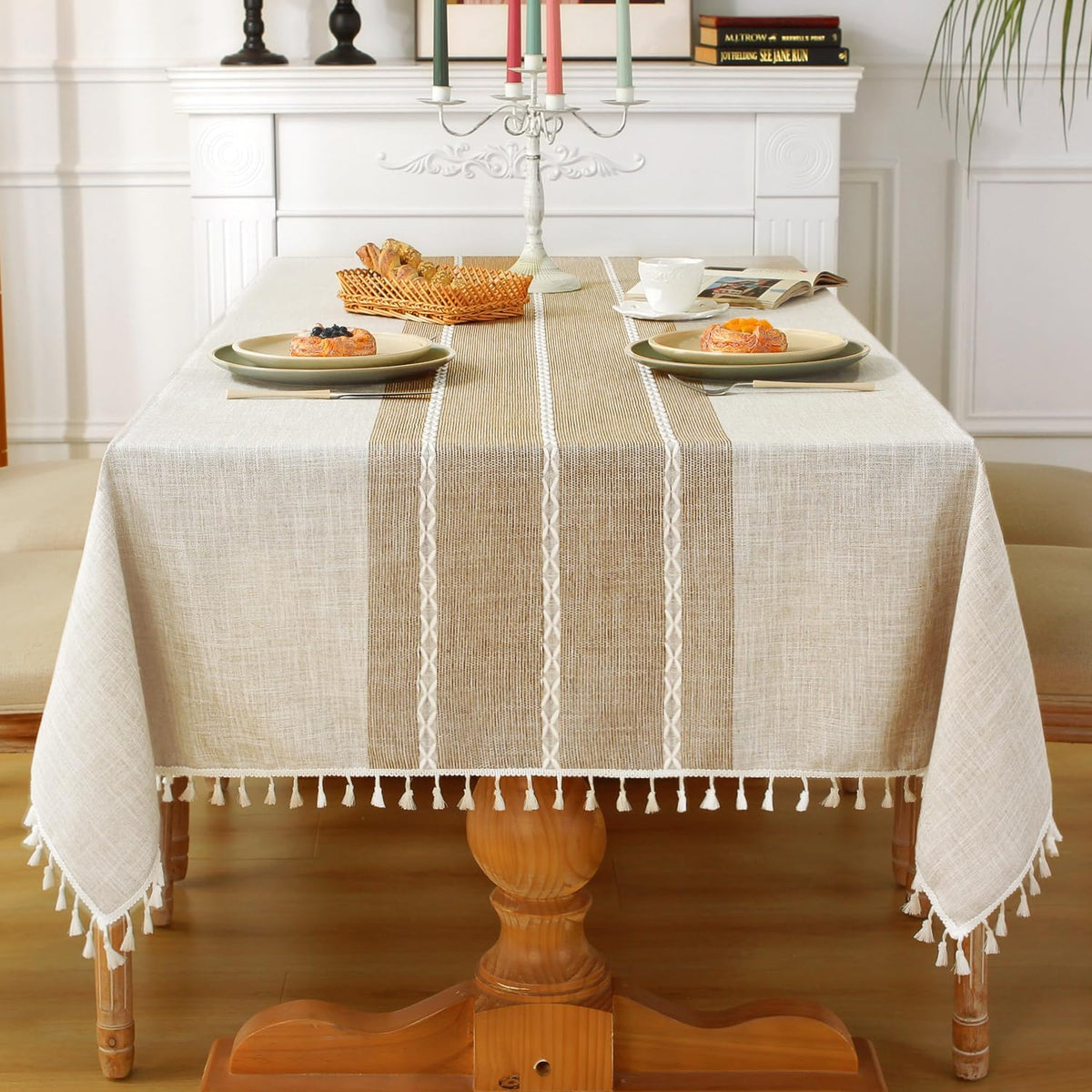 Laolitou Rustic Tablecloth Cotton Linen Waterproof Tablecloths Washable Table Cloths for Kitchen Dining,Party,Holiday,Christmas,Buffet Coffee Lines Rectangle,55''x102'',8-10 Seats