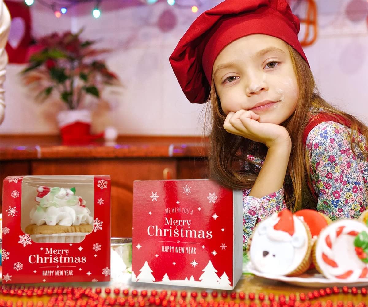 Happyhiram 50 Pack Christmas Red Cupcake Boxes with Inserts and Window