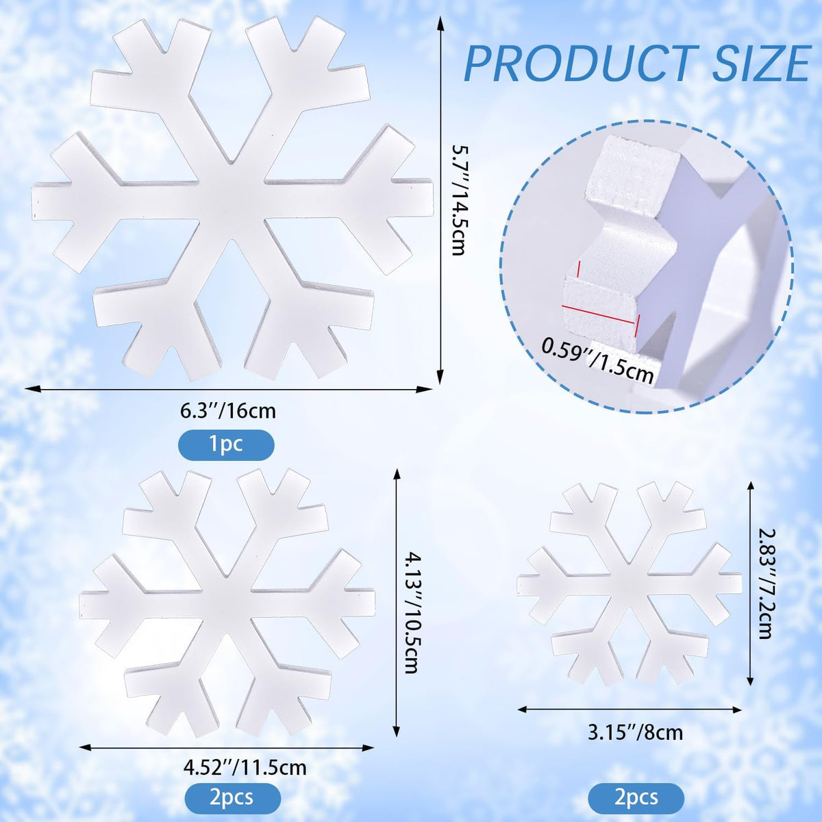 Winter Snowflake Decorations, 5PCS Christmas Decor White Standing Wooden Snowflakes Decoration Snow Flakes Ornament with 3 Different Size for Farmhouse Home Kitchen Office Living Room (5 PCS)