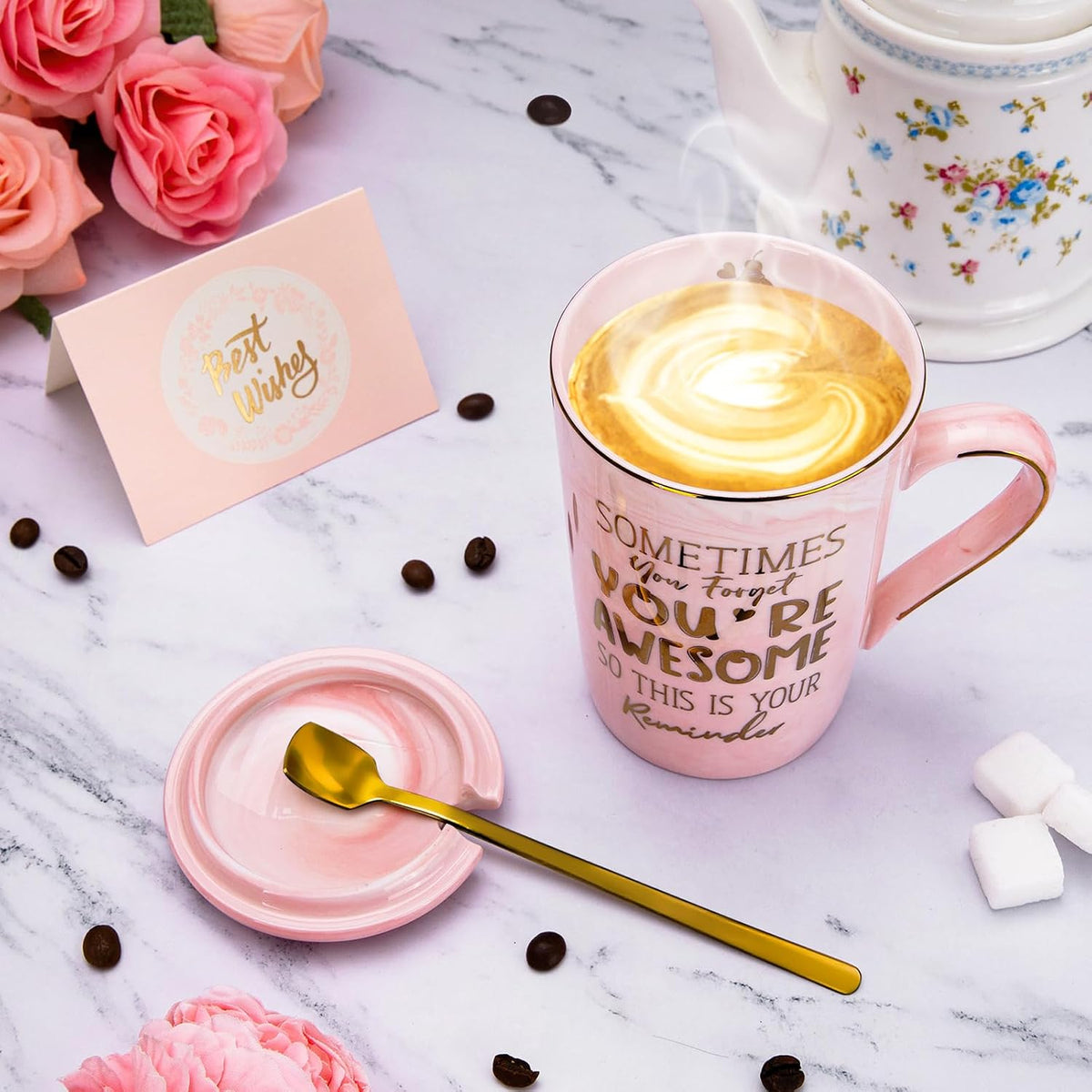 Birthday Thank You Gifts for Women, Pink Marble Gold Print Mug Gift for Her