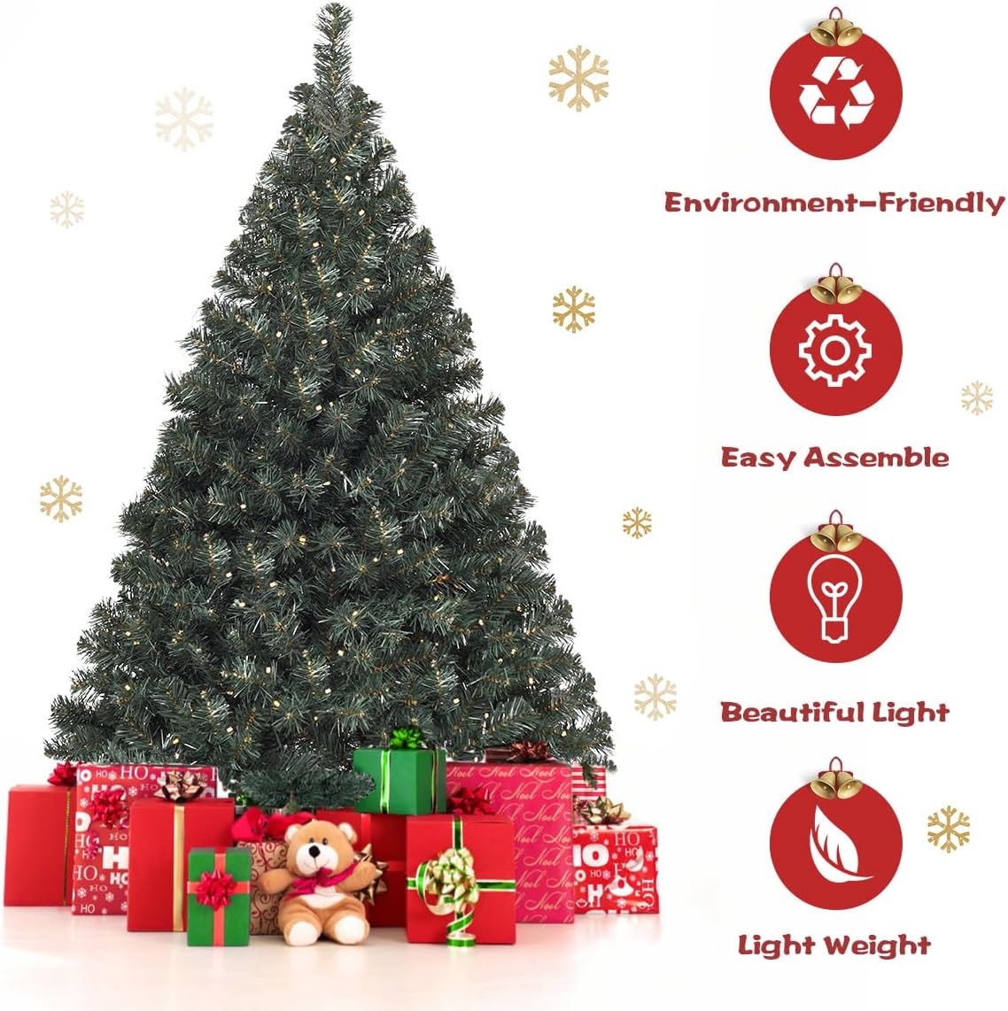 HAPPYGRILL 4.5FT Pre-Lit Artificial Christmas Tree, Auto-Spread Premium Spruce Hinged Tree with 200 LED Lights and Solid Metal Stand, 398 Branch Tips UL-Certified