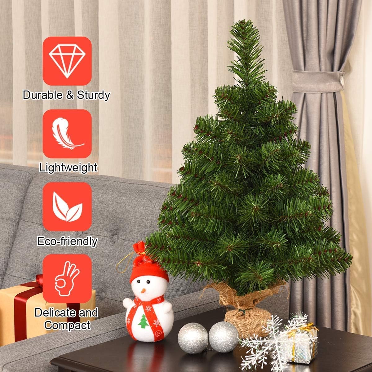 2FT Artificial Tabletop Christmas Tree, Premium Spruce Christmas Tree with Burlap Base, Suitable for Kitchen, Table and Office, Green (2FT)