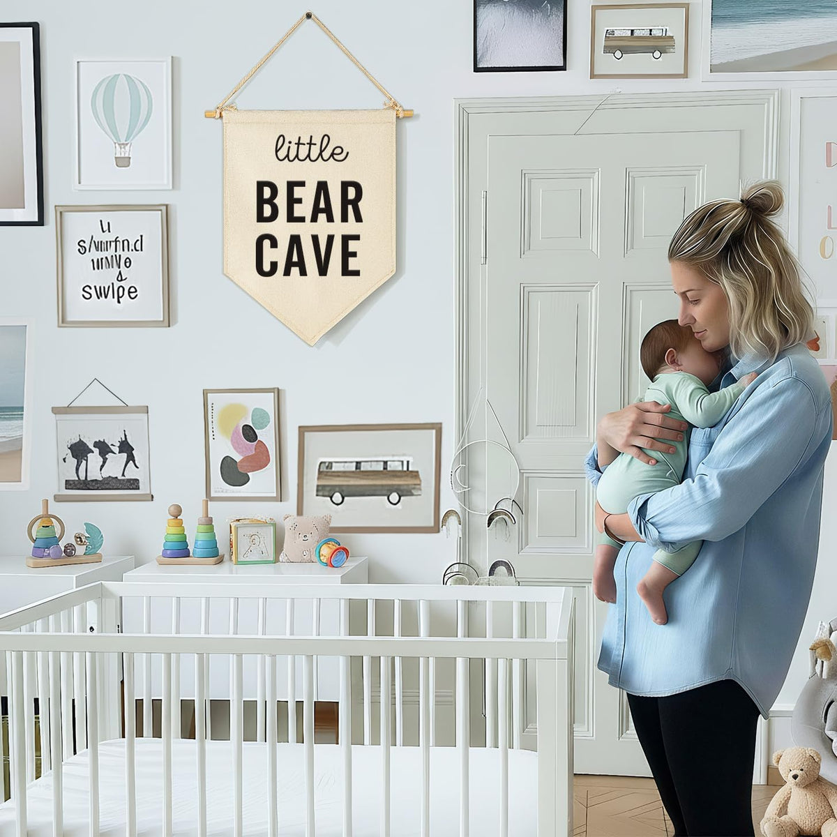 Bear Canvas Banner Flag Sign Pennant Wall Decor Gift for Baby Kid Nursery Bedroom Playroom Reading Room-Baby,Shower,Birthday Christmas Gift-Little Bear Cave-15.4"x11"