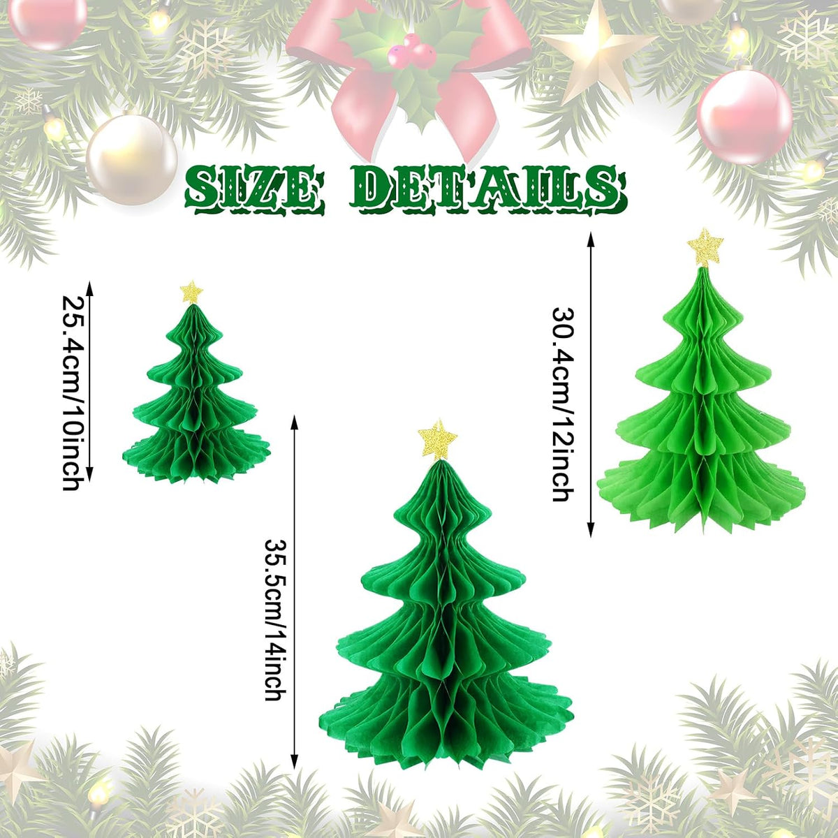 Whaline 6 Pack Christmas Honeycomb Paper Tree 3D Green Xmas Paper Trees Centerpiece Ceiling Hanging Tissue Pine Tree Star for Holiday Decoration, 3 Sizes