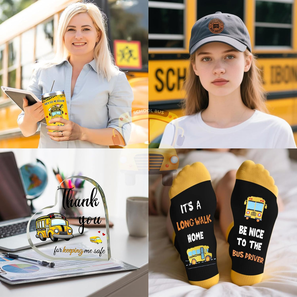 10 Pcs School Bus Driver Appreciation Gifts for Women, Back to School, Christmas Gift with 20 Oz Tumbler Hat Socks Makeup Bag Acrylic Heart Decor Bracelet Keychain, Thank You Gifts for Bus Driver