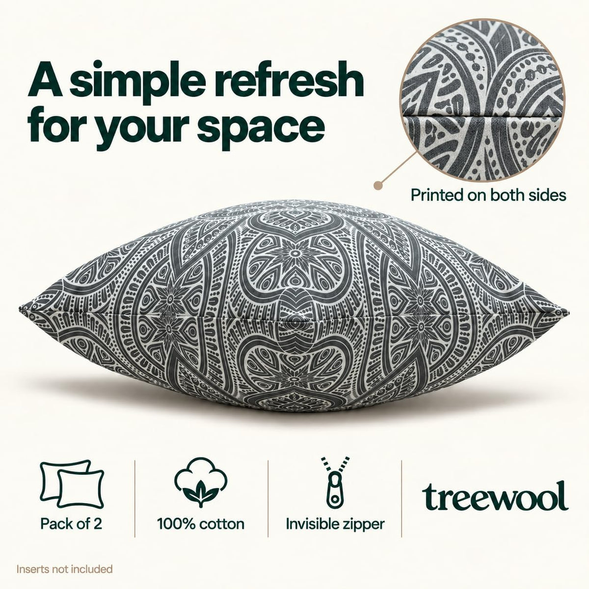 TreeWool 2-Pack Cotton Mandala Throw Pillow Covers (18" x 18" | Graphite)