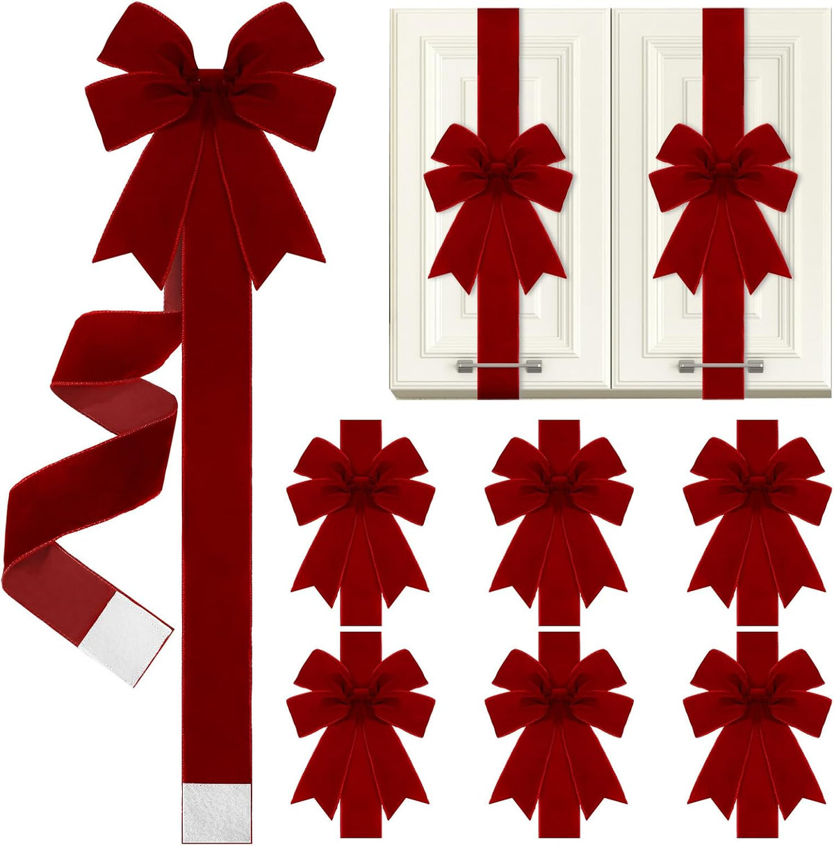 Daifunli 6 Pcs Burgundy Velvet Christmas Cabinet Bows Ribbons for Kitchen