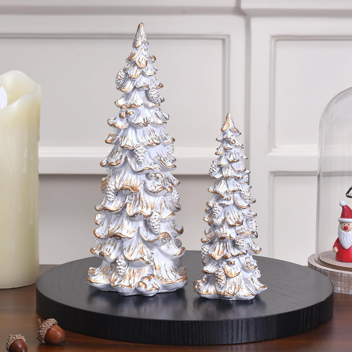 Resin Christmas Tree Figurines, 2pcs White & Gold Tabletop Christmas Trees with Pine Cones & Ornaments, Rustic Xmas Decorations for Home, Table Centerpieces, Mantel Shelf Display (white-gold)