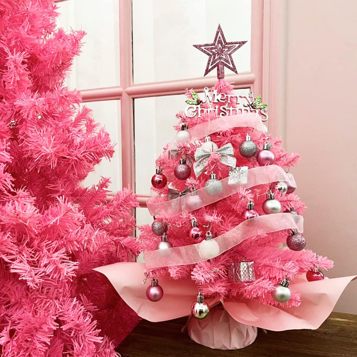 20" Mini Pink Christmas Tree, Artificial Small Christmas Tree with Lights, Tabletop Christmas Tree with Star Treetop,Bow Boxes and Ball Ornaments for DIY Christmas Decoration (Pink)
