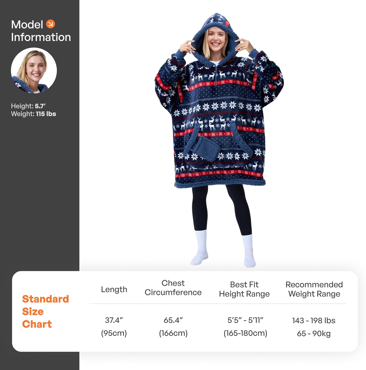 Giggling Getup Wearable Blanket Hoodie for Adults Gifts for Teen Girls Sister Women Sherpa Fleece Printed Hooded Blanket Sweatshirt Warm Cozy with Pocket & Sleeves Blue Christmas Nordic